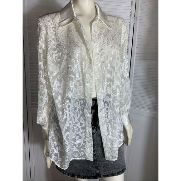 NWT Vintage Cream Sheer Satin Lace Oversized Button Down Blouse XL - Picture 1 of 10